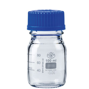 Graduated borosilicate reagent bottle with blue screw cap