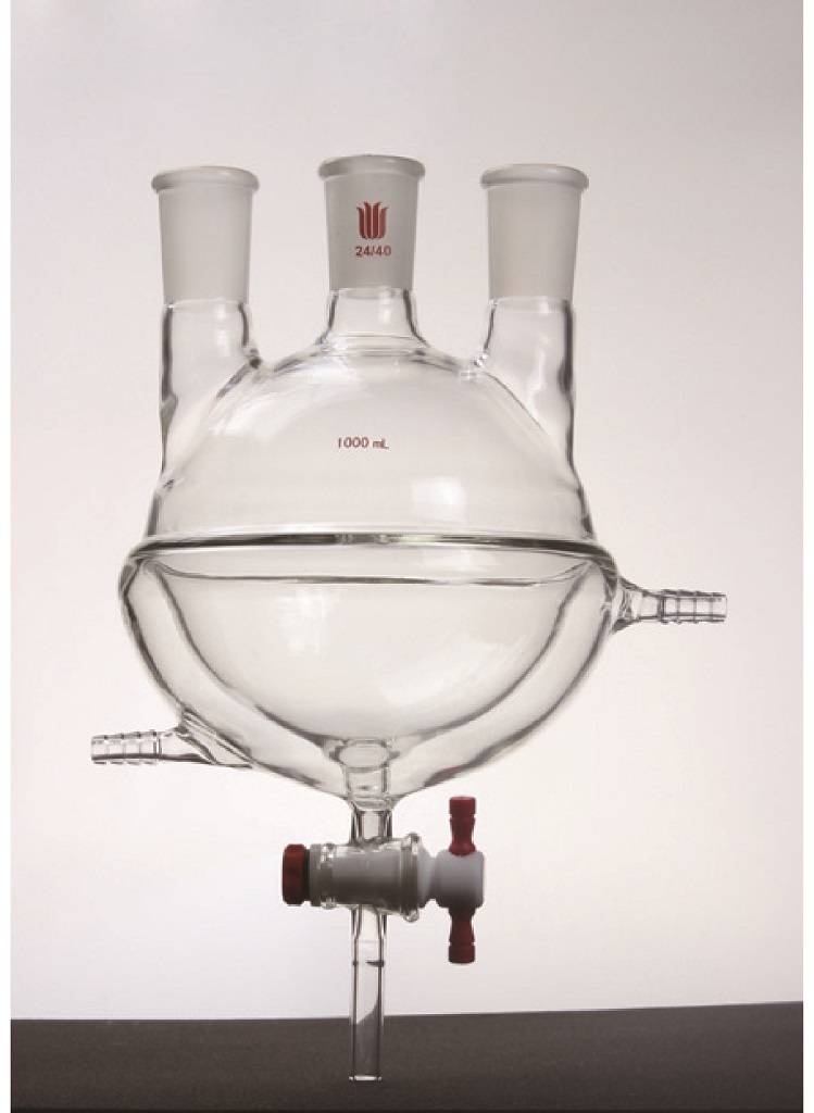 Flask* F63G, 3-neck, round bottom, vertical, stopcock drain, half-jacket